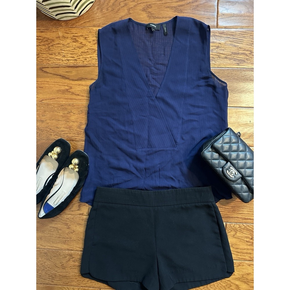 Theory Womens Silk Crossover Shell Top Navy Blue Seersucker Tank Small 10202519